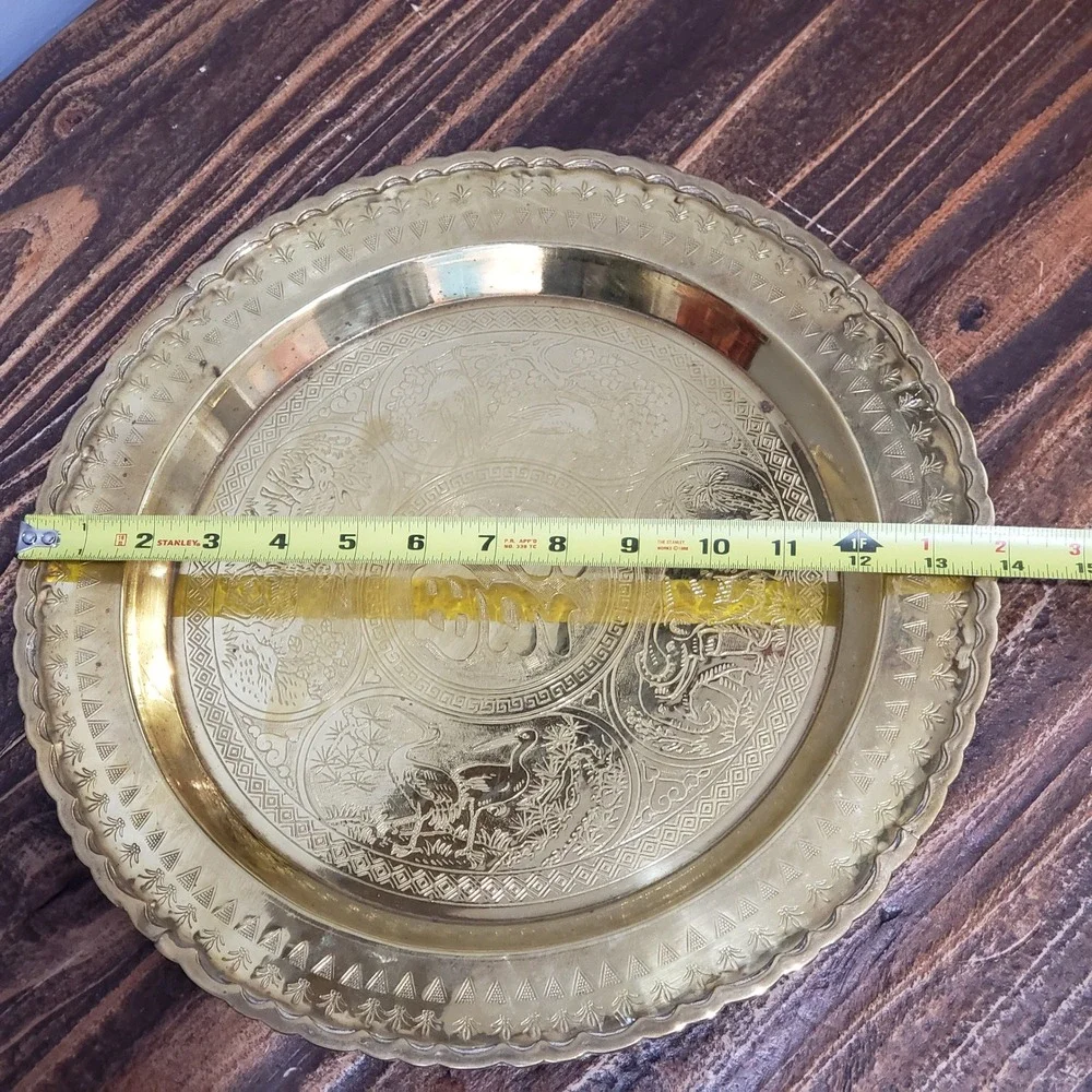 Vintage Brass Wall Hanging Tray 14in Etched Chinese Dragon Elephant Gold Good